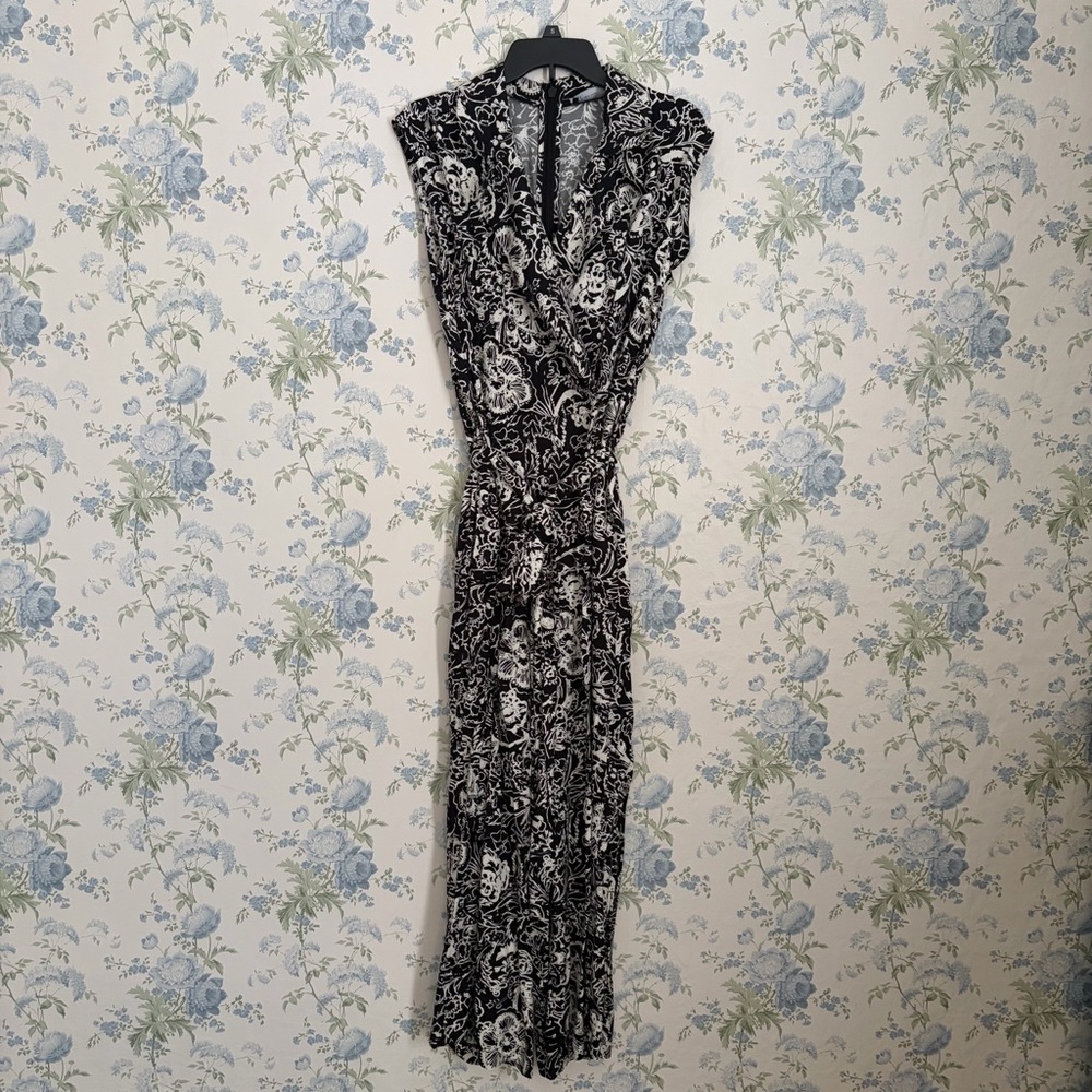 New York & Company Black and White Floral Wrap Jumpsuit